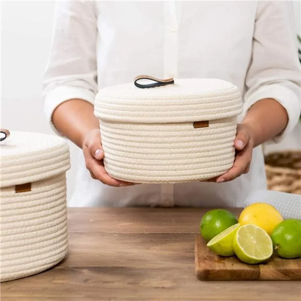 Set of 2 Decorative Baskets with Lids for Organizing - Natural Cotton Rope